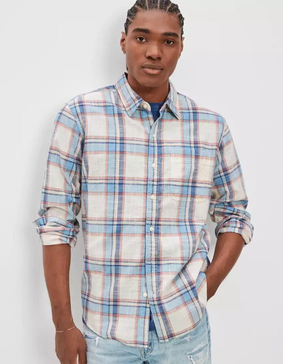 Hauts Flanelle American Eagle AE Super Soft Everyday Plaid Button-Up Shirt Blanche Homme | WGP-51129860